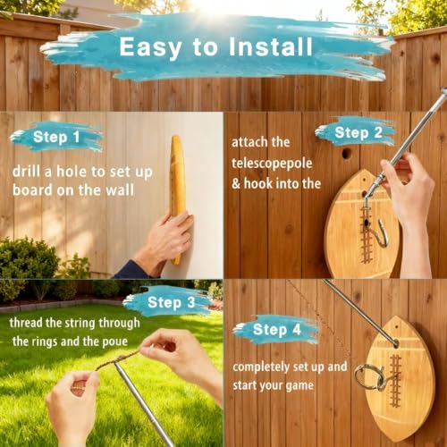 Ring and Hook Toss Game - 13-Inch Bamboo Rugby Ball Design, Rope & Hook Included, Indoor & Outdoor Use, Ideal for Men's Lounge Decoration/Party Entertainment/Family Gathering Toy