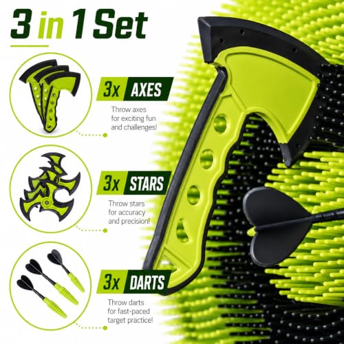 Leeray 3-in-1 Bristle Target Board Game – Axe Throwing Game for Backyard with Throwing Axes, Soft Tip Darts, and Ninja Stars – Safe Outdoor Games & Kids Toys for Ages 6+