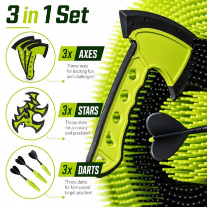 Leeray 3-in-1 Bristle Target Board Game – Axe Throwing Game for Backyard with Throwing Axes, Soft Tip Darts, and Ninja Stars – Safe Outdoor Games & Kids Toys for Ages 6+