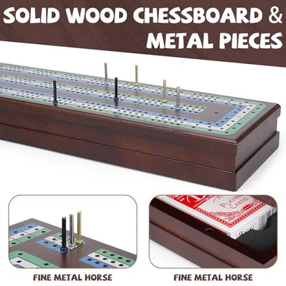 Wooden Cribbage Board Game Set, Premium Wooden Board with Magnetic Lock and Metal Pegs, Strategy Card Game Cribbage - Travel Portable Cribbage Game Sets for Family