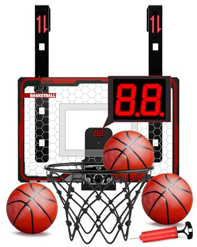 HopeRock Indoor Basketball Hoop for Kids, Over The Door Mini Basketball Hoops, with LED Light, Scoreboard, Birthday Toys Gifts for 5 6 7 8 9 10 11 12+ Year Old Boys - style: red adjustable basketball hoop