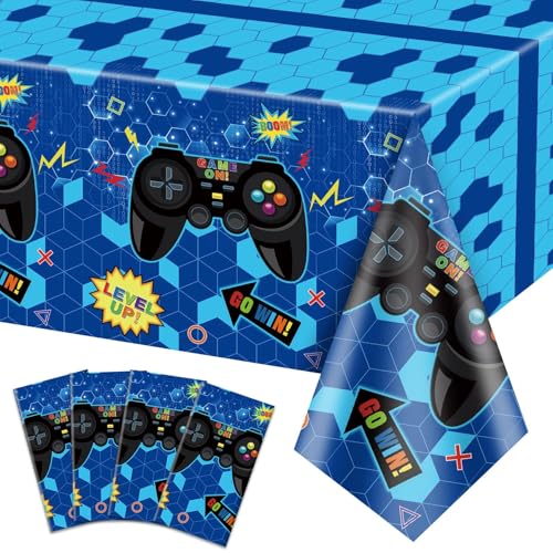 4 Pcs Blue Video Game Tablecloths, 51" x 86", Plastic, Rectangular, Tablecloths for Boys Kids' Teens Parties - color: Blue