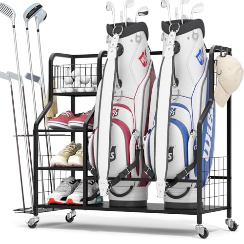Golf Storage Organizer for Garage, Golf Bag Storage Rack with Lockable Wheels, Heavy Duty Golf Club Organizer with 3-Tier Shelves & Removable Hooks for Golf Accessories, Golf Bag Stand Holder, Black