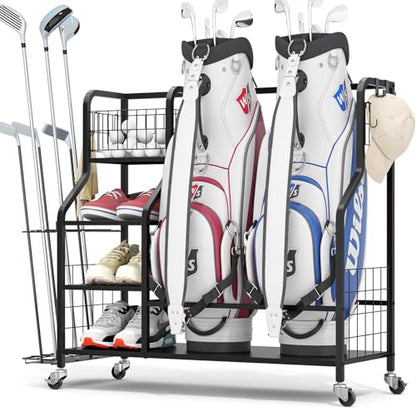 Golf Storage Organizer for Garage, Golf Bag Storage Rack with Lockable Wheels, Heavy Duty Golf Club Organizer with 3-Tier Shelves & Removable Hooks for Golf Accessories, Golf Bag Stand Holder, Black