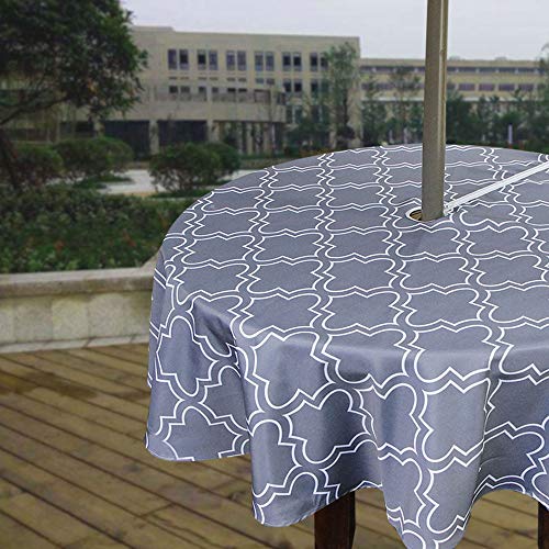 Melaluxe Spring/Summer Wrinkle-Free Waterproof Outdoor Tablecloth with Umbrella Hole and Zipper (Grey, 60" Round-Zippered) - color: Grey, size: 60" (Round)