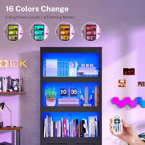 Book Shelf and Bookcase with Doors, 5-Tier Display Storage Cabinet with Adjustable Shelves, Open Compartments, Remote Control LED Lights, Tall cabinet for Bathroom Kitchen Living Room, Home Office - color: Black-01