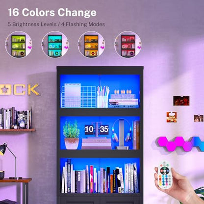 Book Shelf and Bookcase with Doors, 5-Tier Display Storage Cabinet with Adjustable Shelves, Open Compartments, Remote Control LED Lights, Tall cabinet for Bathroom Kitchen Living Room, Home Office - color: Black-01