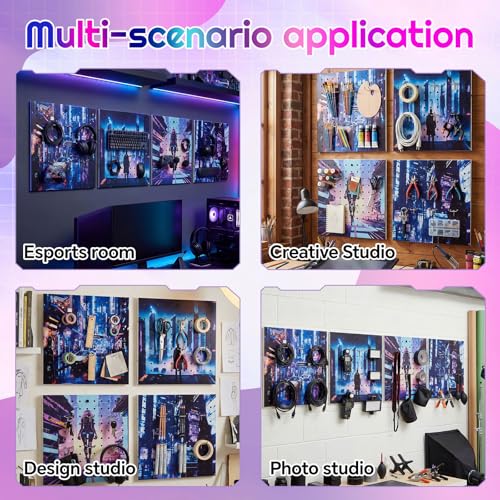 Gaming Room Wall Decor Pegboard, 12x12 Inch Metal Display Board for Controller & Headset, Gaming Setup Wall Organizer for Desk, Dorm, Office - style: Future City Style