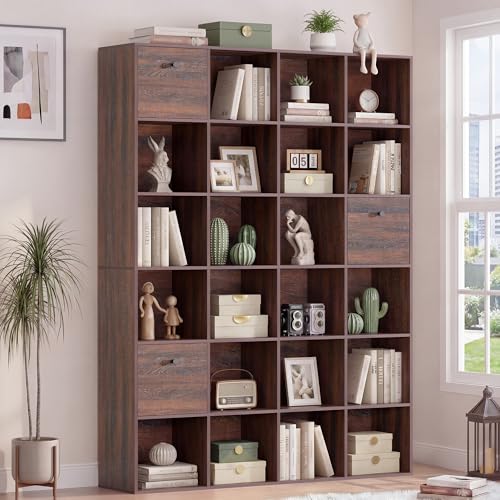 24 Cube Storage Rack, Walnut Wood Bookshelf with 3 Fabric Drawers, Freestanding Bookcase for Library, Office, 6-Tier Display Shelf for Living Room, Entryway Organizer Open Book Shelf, Brown Color - color: Walnut, size: 24 Cube