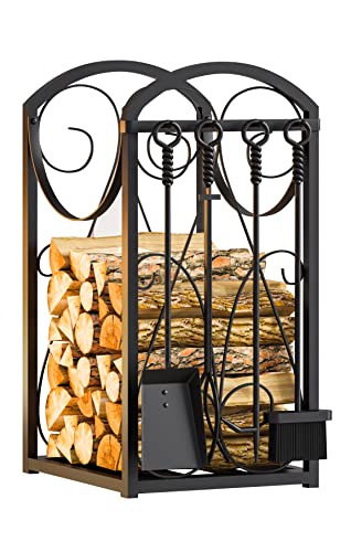 Kingson Firewood Rack Indoor Wood Holders Fireplace Tool Rack Outdoor Log Holder Rack Lumber Storage Stacking Fireplace Tools Set Wood Stove Accessories Black