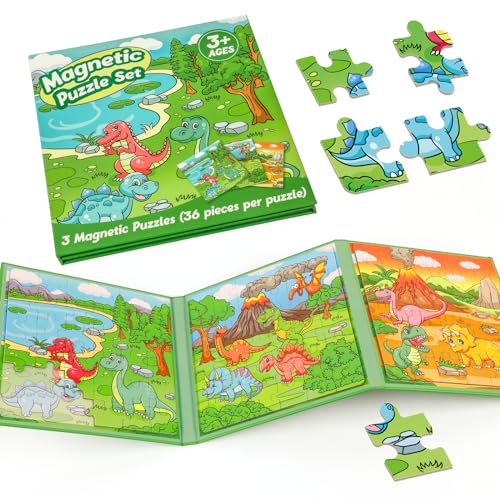 Kasfalci Magnetic Puzzles for Toddlers 3-5,36 Pieces Travel Puzzles Games for Kids,Airplane Car Road Trip Activities,Activity Books,Dino Dinosaur Magnet Toys for 3 4 5 6 Year Old Boys Birthday - color: Green