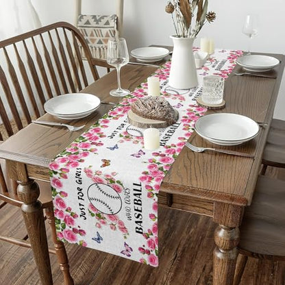 Erosebridal Cartoon Baseball Table Runner,Sports Game Lover Table Runners,Garden Wildlife Rectangular Runner Tabletop Decor,Pink White,13x72 Inch - size: 13" X 72"