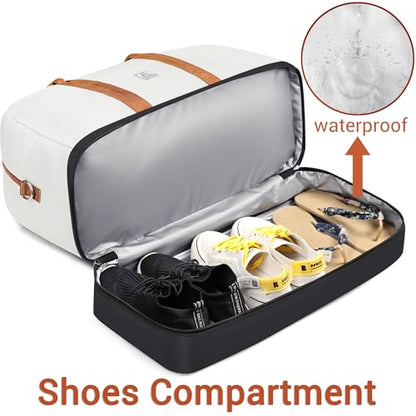 Weekender Bag for Women, Large Overnight Bag Canvas Travel Duffel Bag Carry On Tote with Shoe Compartment 21" 3Pcs Set - color: D03-beige