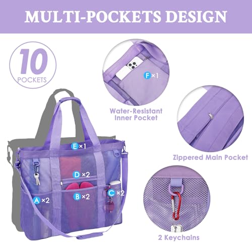 GYEUKHAM Mesh Beach Bag for Women, Sand-Resistant Pool Tote, 9 Pockets (1 Inner Zip), Foldable Family Travel Essentials - color: Extra Large - Purple