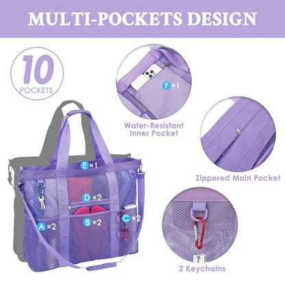 GYEUKHAM Mesh Beach Bag for Women, Sand-Resistant Pool Tote, 9 Pockets (1 Inner Zip), Foldable Family Travel Essentials - color: Extra Large - Purple