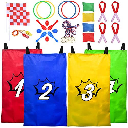GOLDGE 28 Piece Outdoor Games Kit for Kids - Includes Big Potato Sack Race Bags, Bean Bag Toss, 3 Legged Race Bands, Egg Spoon Relay, for Easter, Christmas & Birthday Parties in The Yard & Lawn - size: 38x24"