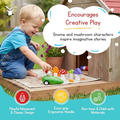 Jack Rabbit Creations Gnome & Mushroom Toddler Mini Bowling Set Game Indoor & Outdoor Toy for Kids- Wooden Skittles Set- Fun Montessori Game for Toddlers & Children