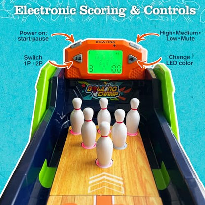 Bowling Game — Electronic Tabletop Arcade Game with LCD Auto Scoring, Lights & Sound, Spring-Loaded Launcher & 1-2 Player Modes — Mini Bowling Set for Kids - style: Bowling