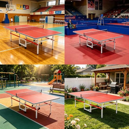 8FT Table Tennis Table with Net, Indoor/Outdoor Professional Ping Pong Table for Kids Adults, Folding Ping Pong Table, Complete Set with Paddles and Balls, School Playground Game Table - color: Red