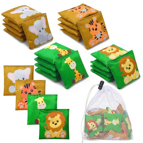 21 Pcs Jungle Party Toss Game Supplies Cornhole Bean Bags with White Mesh Drawstring Bag 2 x 2 Inch Animal Lions Leopards Giraffes Elephants Small Beanbags for Summer Throwing Games - color: Animal