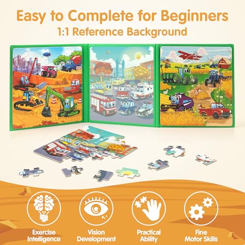 SYNARRY Vehicle Theme Magnetic Puzzles for Toddlers 3-5, 36 Pieces Travel Puzzles for Kids Ages 4-8, Easter Basket Stuffers Gifts for Kids, Car Airplane Road Trip Activities Magnet Games Toy - style: Vehicle