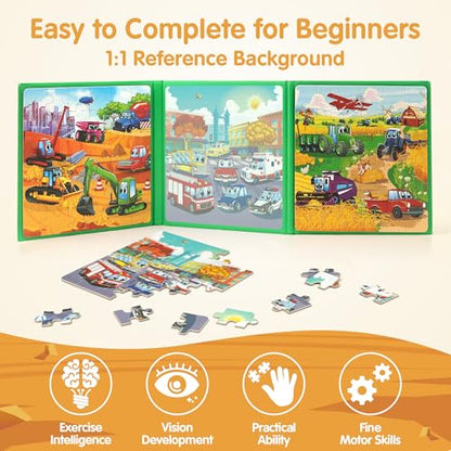 SYNARRY Vehicle Theme Magnetic Puzzles for Toddlers 3-5, 36 Pieces Travel Puzzles for Kids Ages 4-8, Easter Basket Stuffers Gifts for Kids, Car Airplane Road Trip Activities Magnet Games Toy - style: Vehicle