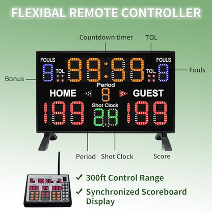 Basketball Digital Scoreboard with Remote,Battery Powered Portable Tabletop Electronic Scoreboard with 75dB Buzzer,Countdown Timer & Score for Games - style: black with shot clock
