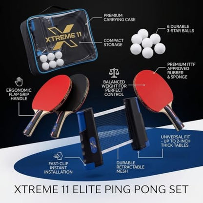 Pro Table Tennis Set, Retractable Net, Balls and Carry Case for Home, Office, Travel, Recreational, Professional Play - 4 Advanced Grade Paddles ITTF Certified Rubber & 6 Tennis Balls | ITTF Certified Rubber on the Paddle