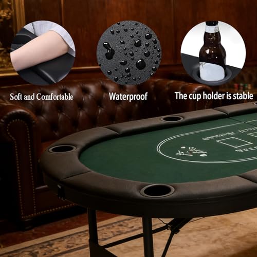 8 Player Foldable Poker Table Top 4-in-1 Casino Game Set for Texas Hold'em, Blackjack, Hi-Lo Dice & Roulette, Portable Folding Table Mat with Cup Holders & Full Props for Home Party, Game Night