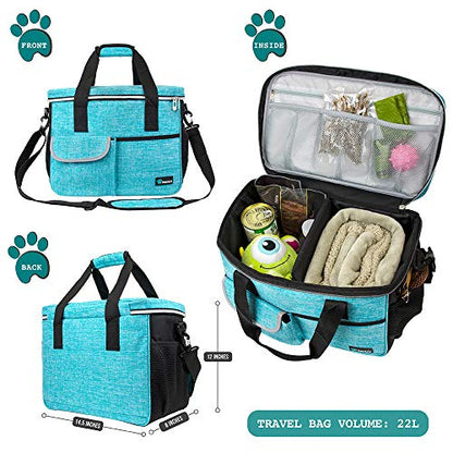 PetAmi Dog Travel Bag Organizer, Pet Travel Kit with 2 Food Containers & 2 Collapsible Dog Bowls, Pet Supplies Tote with Luggage Sleeve, Weekend Road Trip Camping Essentials, Teal Blue, Medium - color: Sea Blue, size: Medium - 14.5"L x 8"W x 12.0"H