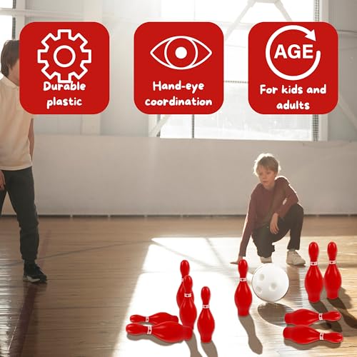 4E's Novelty Valentines Day Bowling Game Set - 10 Red Pins, 2 Balls, Indoor/Outdoor Backyard Carnival Game, Classroom Valentine's Party Games Galentines Activity for Kids Adults
