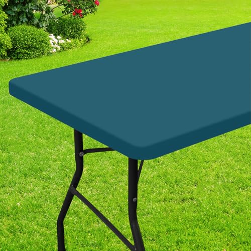 Smiry Rectangle Picnic Table Cloth, Waterproof Elastic Fitted Tablecloths for 4 Foot Tables, Washable Polyester Table Cover for Camping, Indoor and Outdoor (Peacock Blue, 24"x48") - color: Peacock Blue, size: 48" X 24" (Rectangular)