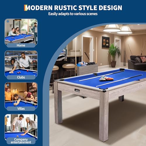 7FT 3-in-1 Convertible Pool Table for Home & Game Rooms – Billiard, Dining, and Table Tennis Combo – Includes Cue Sticks, Balls, Table Tennis Accessories, and Rolling Storage Cart – - color: Blue