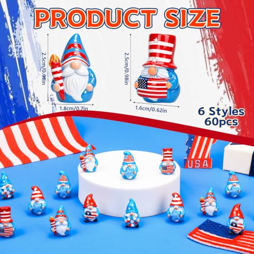60 Pcs Patriotic Mini Resin Gnomes 6 Style 4th of July Tiny Gnomes Figures to Hide Independence Day Miniature Decor for DIY Craft Projects Party Favors and Desk Decor - style: 60Pcs-Patriotic Gnomes