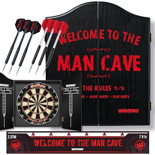 WINMAU Man Cave Complete Dartboard Cabinet Set - Pro-SFB Bristle Dartboard, 2 Sets Steel Tip Darts, Oche Strip & Scorecard, Home Games Room Darts Setup, Black