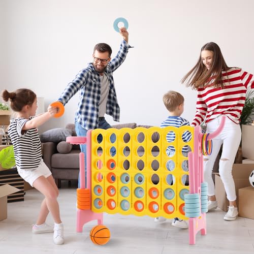 KOTEK Giant 4-in-a-Row Game, Jumbo 4-to-Score Family Game w/Quick-Release Sliders, 42 Rings, Ring Toss & Basketball Hoop, Connect Yard Games Outdoor for Kids & Adults (with Carrying Bag,Pink)