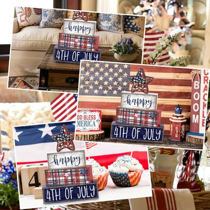 DIYDEC 4Pcs Memorial Day Table Decor 4th of July Patriotic Wood Signs Independence Tiered Tray Decor America Red Blue Centerpieces Signs for Farmhouse Holiday Tabletop Home Party Decoration - style: Independence Day Star