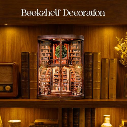 Book Nook Kit, 3D Wooden Puzzles for Adults, DIY Miniature House Kit for Adults, Booknook with LED Light, Gifts for Family, Friends and Book Lovers, Bookshelf Decor(Wisdom Rings)