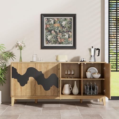 UEV Buffet Cabinet, 63" Modern Sideboard with Black Water Stream Pattern, Kitchen Storage Cabinet with 4 Doors & Shelf, Wood Credenza for Dinning Room, Living Room - color: Natural and Black