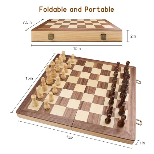 Gothink Chess Set Board Games for Adults, 15'' Handcrafted Wooden Game Board with 2 Extra Pawn Pieces & Storage Box Instructions, Folding Chess Game for Tournament Professional Beginner - Non-Magnetic - style: 15'' Non-Magnetic Chess Set