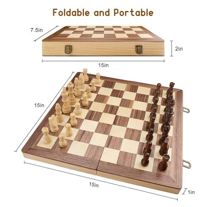 Gothink Chess Set Board Games for Adults, 15'' Handcrafted Wooden Game Board with 2 Extra Pawn Pieces & Storage Box Instructions, Folding Chess Game for Tournament Professional Beginner - Non-Magnetic - style: 15'' Non-Magnetic Chess Set