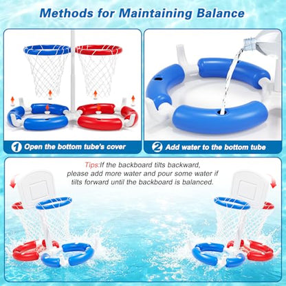 Double Pool Basketball Hoop with Backboard &Ring Toss Game, 2-in-1 Floating Pool Toy with 4 Balls 8 Rings&Pump,2 Player Games Summer Activities for Kids 5-8 8-12& Adult,Outdoor Swimming Party Gifts - size: Double with backboard