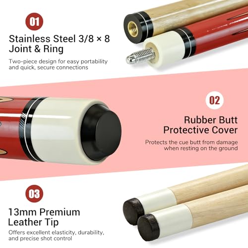 HMQQ 58 Inch Pool Cue Sticks Set, 2/4/6 Pack 20 oz 2-Piece Billiard Cues with 13mm Leather Tips, Matching House Cue Set for Adults, Home Tables, Bars & Group Play - size: Set of 4