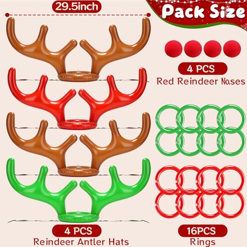 TOPLEE 20 Pieces Inflatable Reindeer Antlers Toss Game, Christmas Party Antler Hat Games for Kids Adults Family Indoor Outdoor Carnival Xmas Games(4 Antlers 16 Rings)