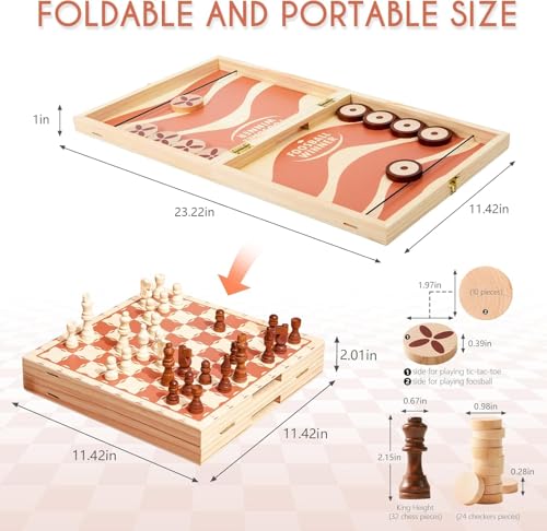 RM ROOMERS 4 in 1 Large Wooden Fast Sling Puck Games Set for Adults,Chess, Checkers,Tic Tac Toe,Portable Folding Travel Tabletop Board Game Sets,Interactive Families Game Night Toy Slingshot