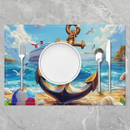 Erosebridal Anchor Placemats Set of 4 12x18 Soccer Beach Place Mat for Kids Teens Men Ship Shell Ocean Nautical Waves Adventure Blue Heat Resisting Table Mats - color: Blue Yellow