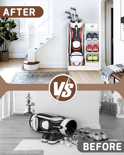 Mythinglogic Wooden Golf Bag Storage Rack, Golf Organizer with Shoe Shelves, Ball Holder & Drawer, MDF Golf Equipment Storage Cabinet for Home, Garage or Simulator Room - size: 1 golf bag rack-White