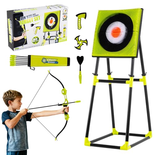 Costzon Axe Throwing Target Game for Backyard, 4 in 1 Kids Throwing Game w/5 Arrows, 3 Throwing Axes, 3 Ninja Darts, 3 Darts, Bristle Target & a Bow -Boys & Girls Indoor Outdoor Carnival Game Gifts - color: Green, size: 21''