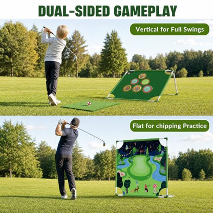 Owine Golf Chipping Game Set, 70" x70'' Double Sided Golf Hitting Mat with 2 Clubs and 20 Sticky Balls, Indoor Outdoor Golf Practice Game for Adults Kids, Home Sport Party/Backyard Party Activity