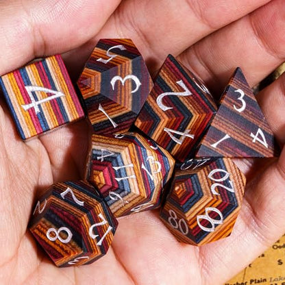 Wooden Dice Set Yellow Striped DND Dice Natural Wood for Role Playing Games and Tabletop Game - color: Yellow Striped/Silver